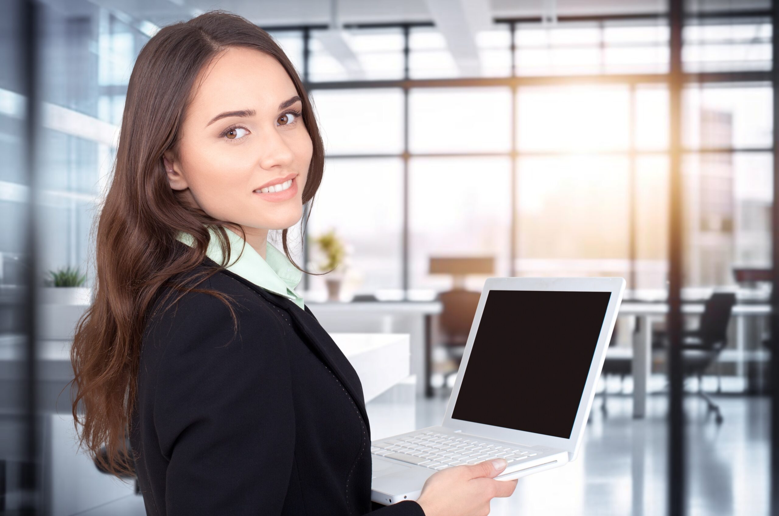 Smiling,Happy,Young,Business,Woman,Holding,Laptop