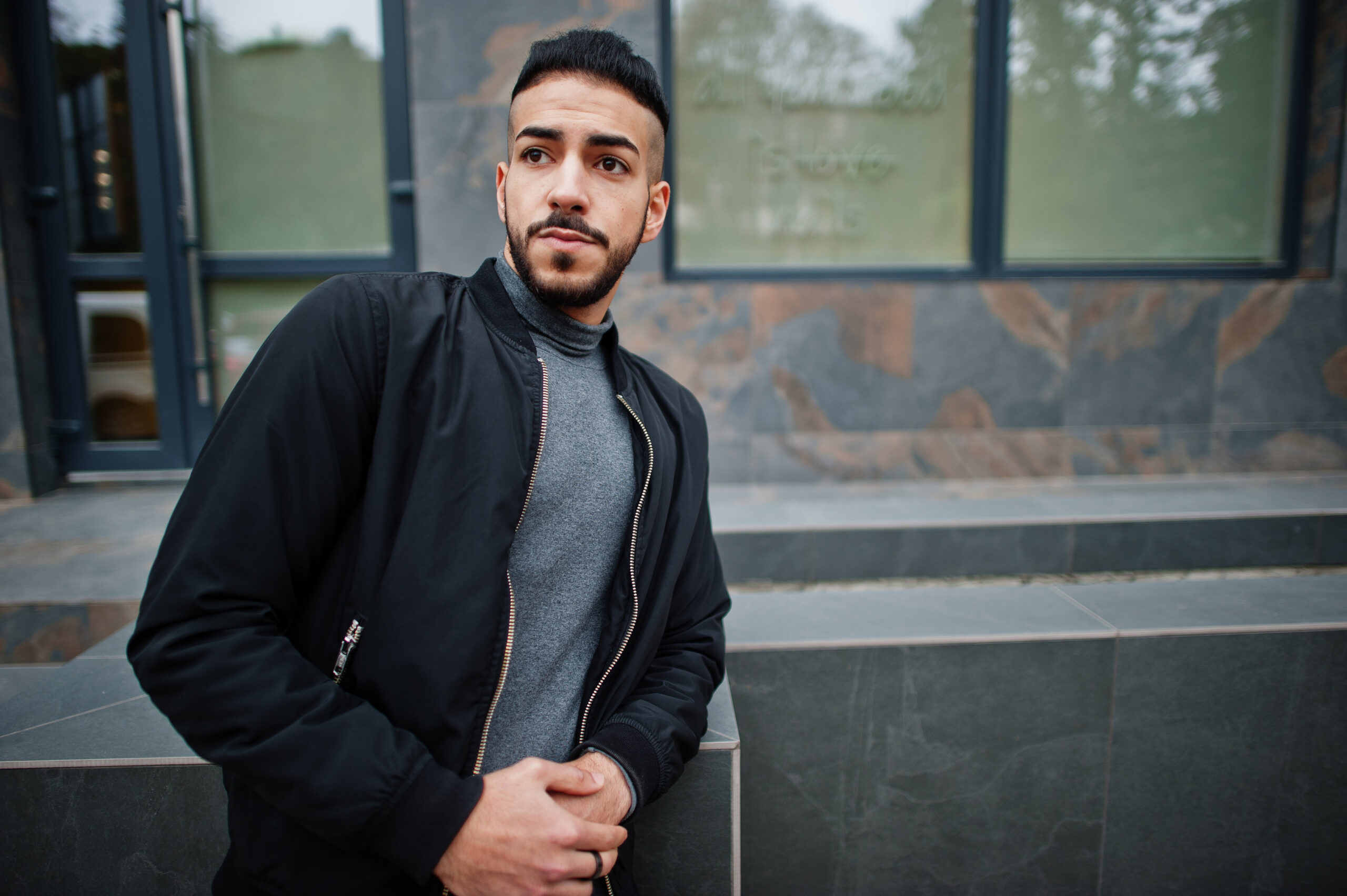 Portrait,Of,Stylish,Arab,Beard,Man,Wear,Grey,Turtleneck,And
