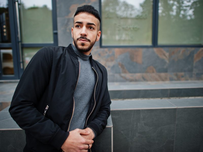 Portrait,Of,Stylish,Arab,Beard,Man,Wear,Grey,Turtleneck,And